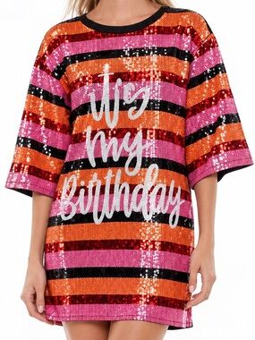 Sequin Stripe Mini Dress Pink Orange My Birthday Oversized T shirt party dress
